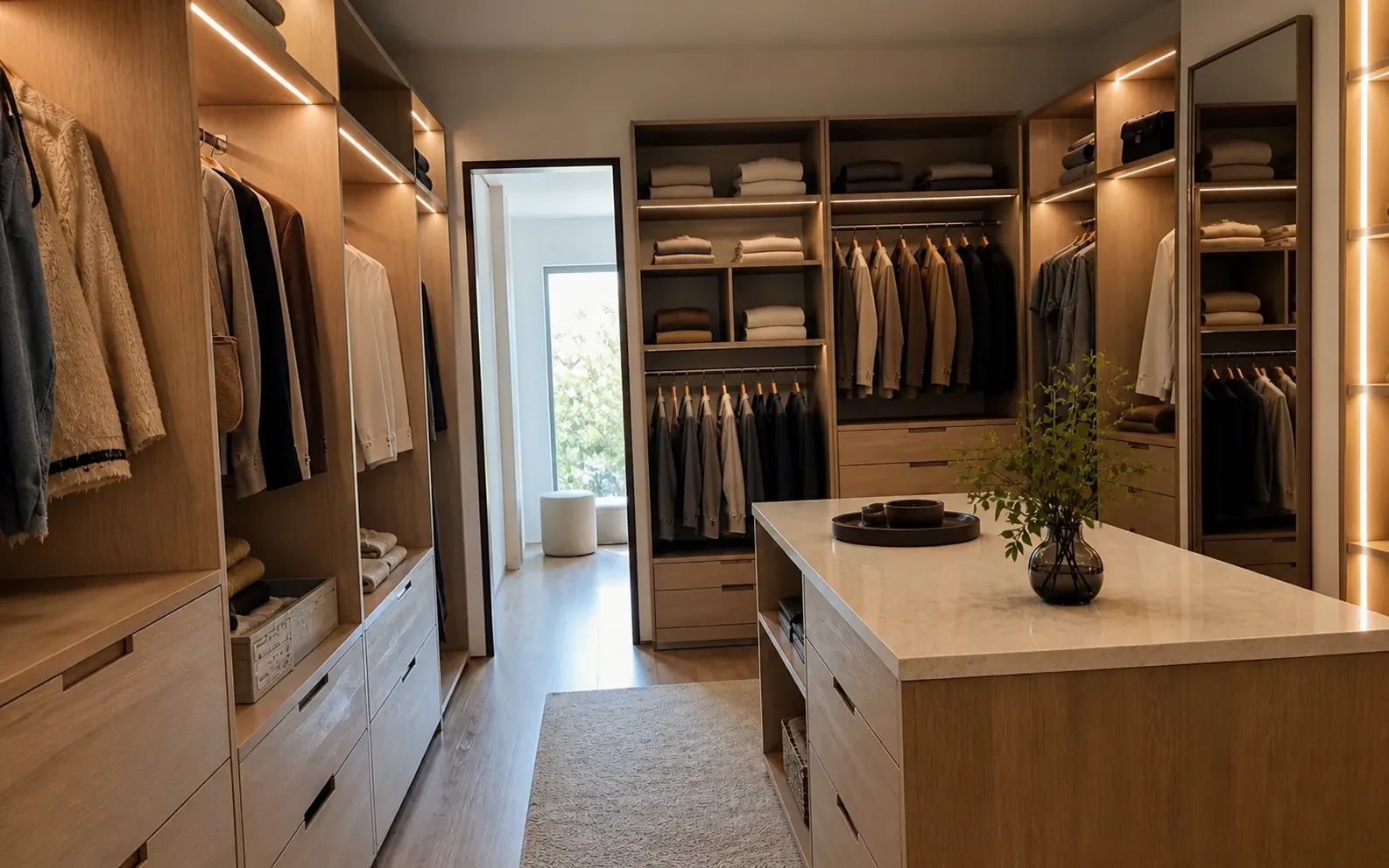 Garderoba walk-in na wymiar z wyspą i LED — wizualizacja inspiracyjna