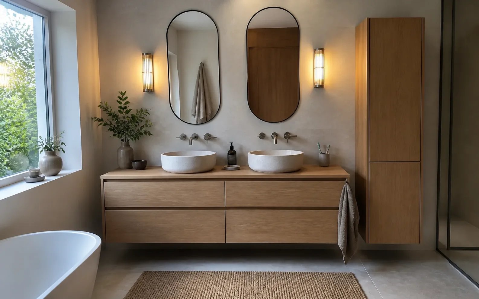 Dębowe meble łazienkowe na wymiar — wizualizacja inspiracyjna